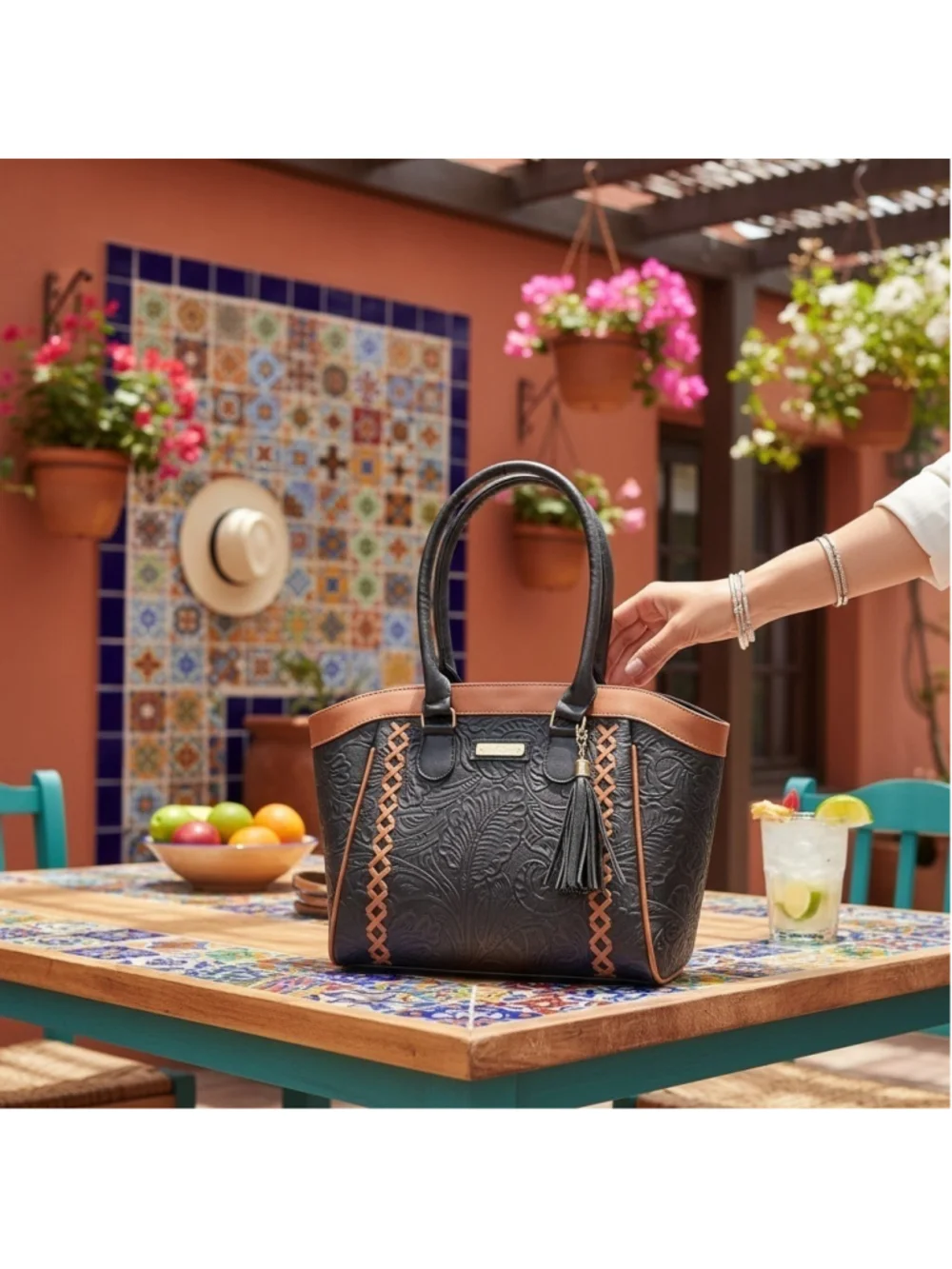 Black Brown Cross Stitch Embossed Tooled Artisan LEATHER Shoulder Bag Purse